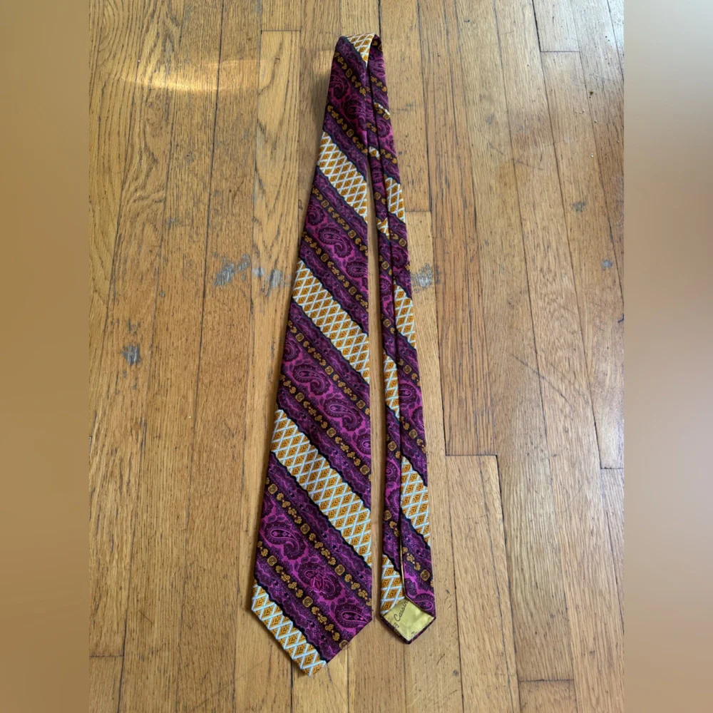 70s Vintage Oleg Cassini for Harris and Frank Yellow and Pink Paisley Silk Tie